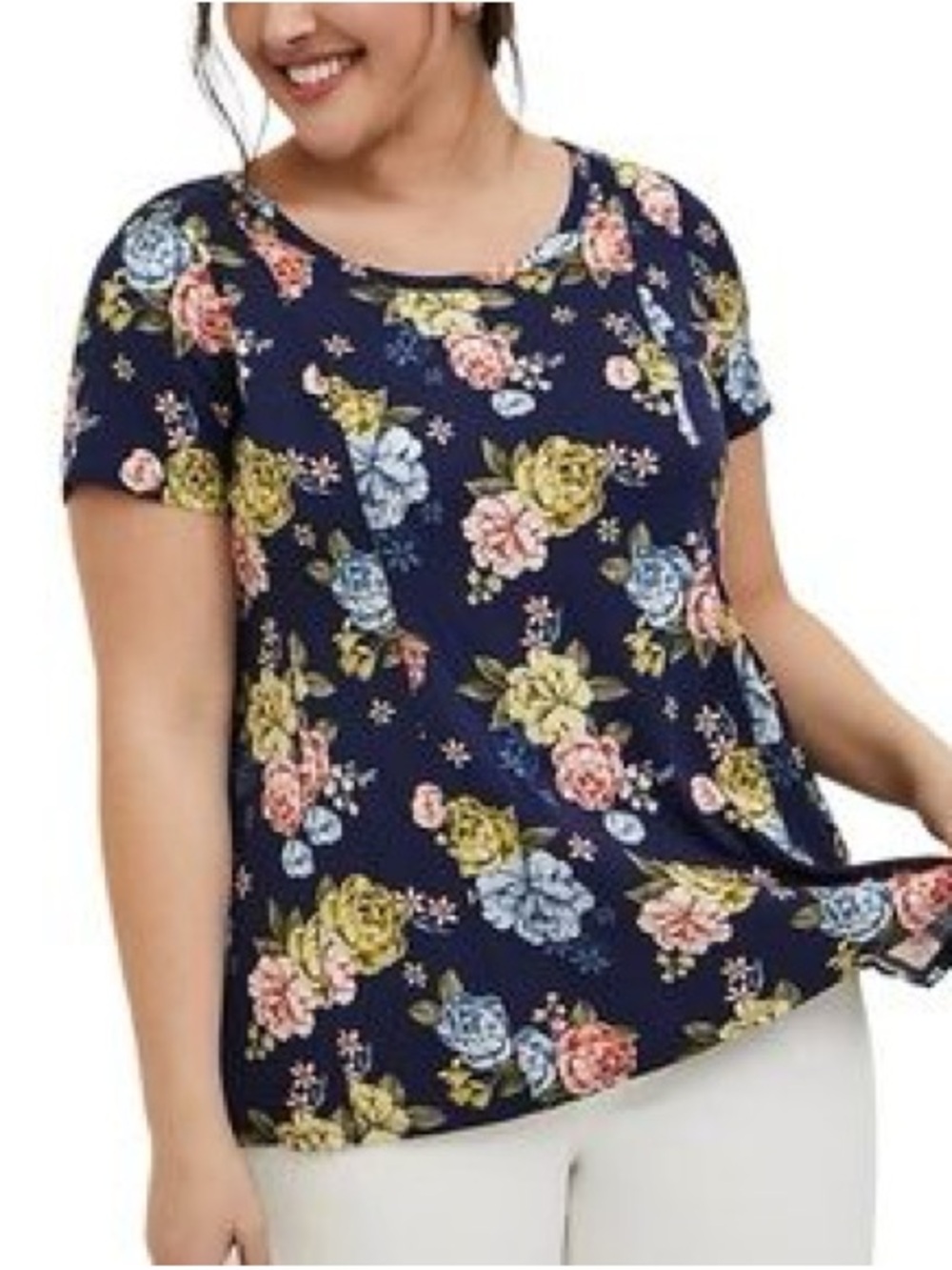 Torrid Floral Top in Navy with Pink and Cream Flowers